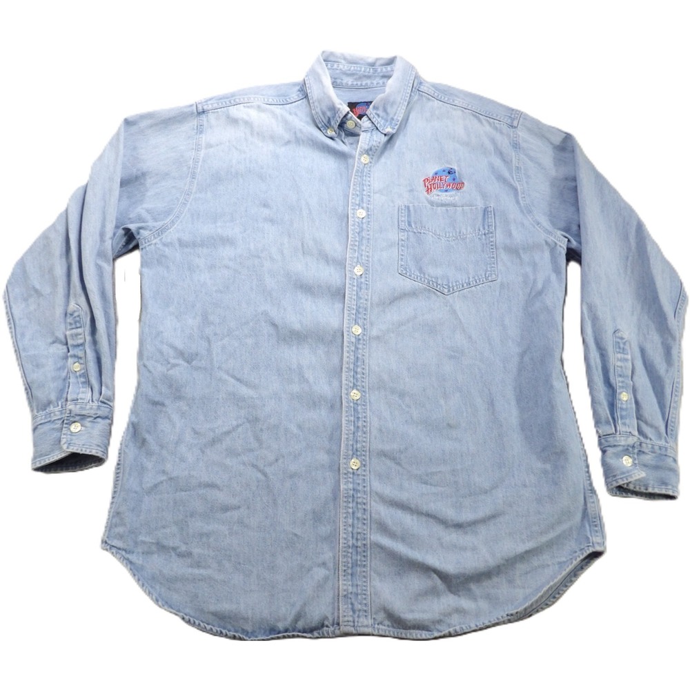 VTG Planet Hollywood New Orleans Denim Shirt Men L Blue Long Sleeves Button 90s